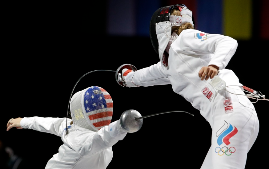 Olympic fencing match with American and Russian competitors